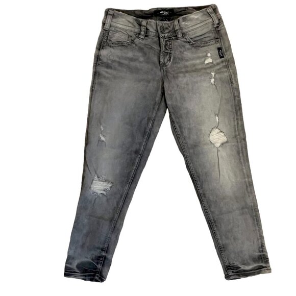 Silver Brand Gray Distressed Elyse Skinny Crop Jeans Waist 25 - Picture 9 of 13